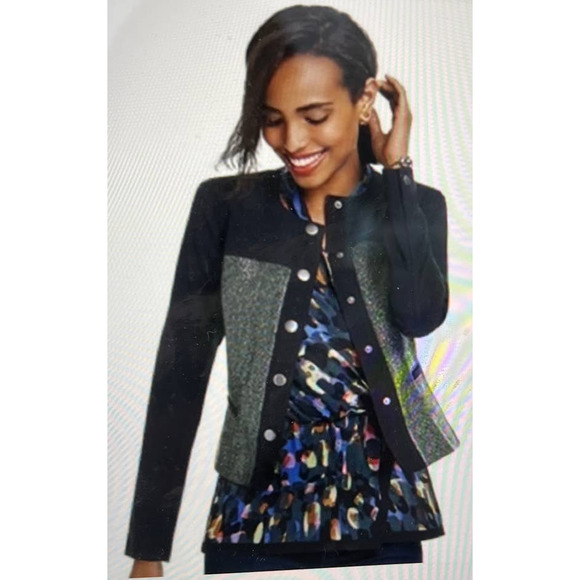 CAbi Jackets & Blazers - CAbi Women's Black Green Mixed Media Cropped Snap Closure Blazer Size Large